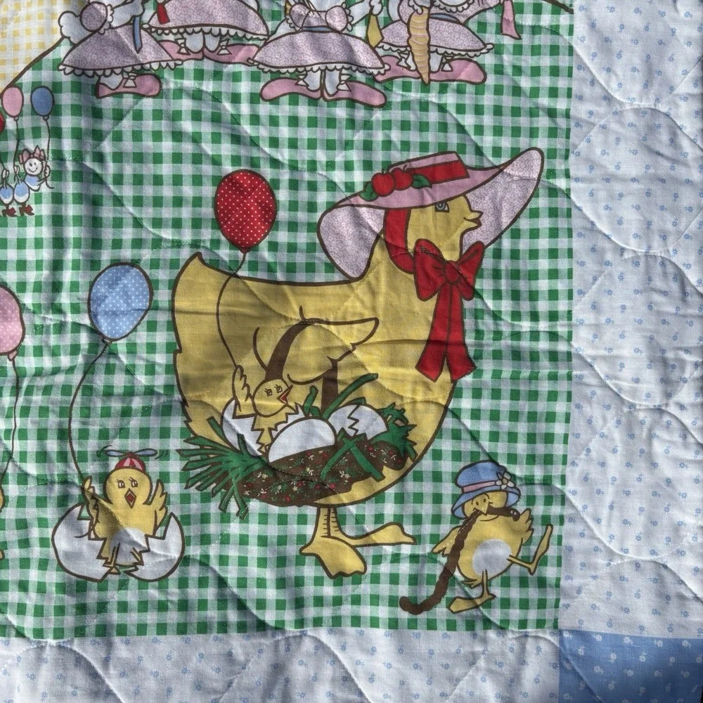 VTG Old McDonald Baby Blanket Quilt Throw Blue White Gingham Sun Rainbow Balloon
